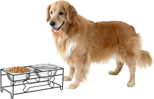 Stainless Steel Raised Food and Water Bowls with Decorative Stand Collection, Elevated Feeding Station for Dogs, Cats, and Pets - 2 Pack