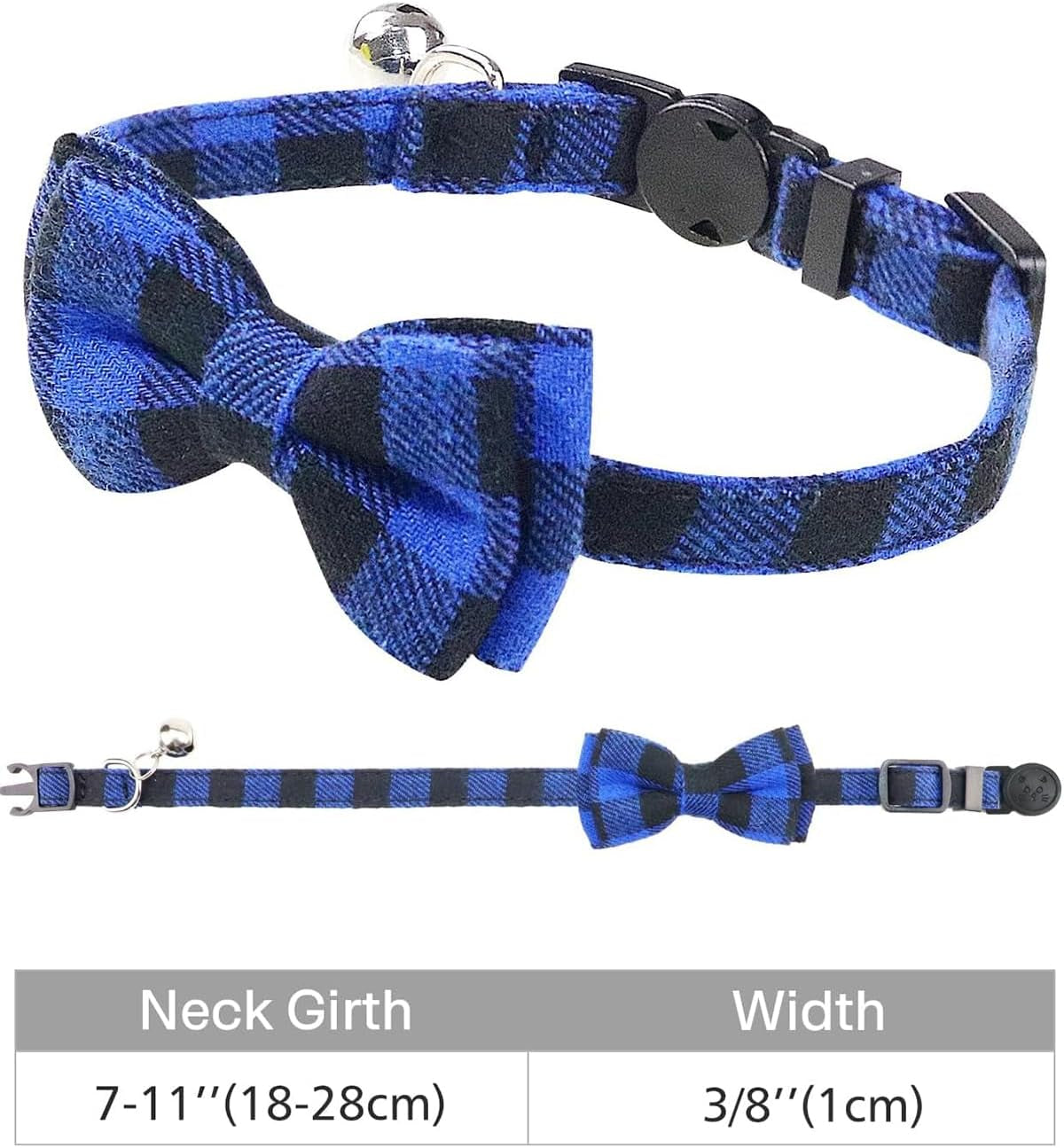 Upgraded Cat Collar with Bells, Breakaway Cat Collars with Bow Tie, 1 Pack Girl Boy Safety Plaid Kitten Collars, Blue