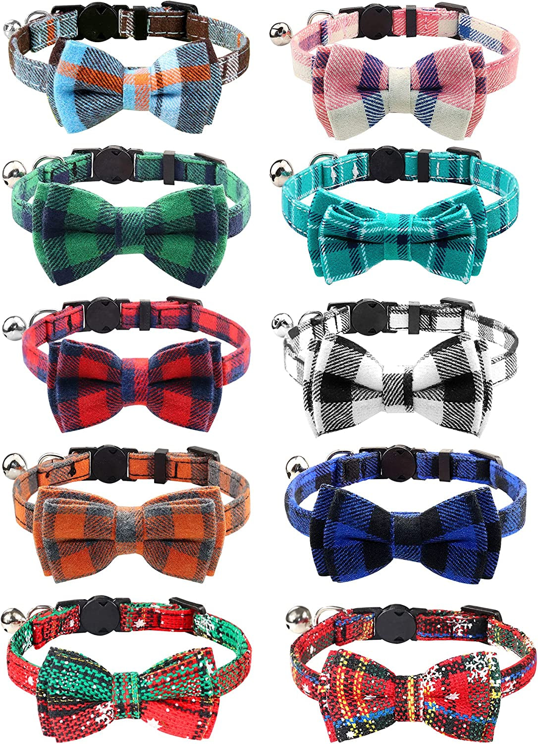 Upgraded Cat Collar with Bells, Breakaway Cat Collars with Bow Tie, 1 Pack Girl Boy Safety Plaid Kitten Collars, Blue